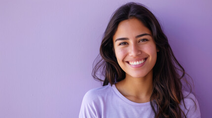 Fototapeta premium A woman with long hair is smiling and wearing a purple shirt