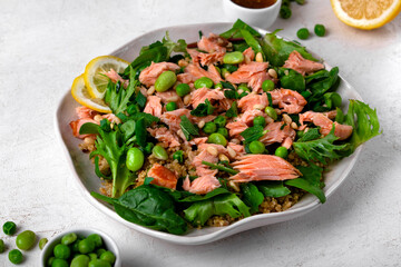 Salad with smoked trout, edamame beans, quinoa, green peas and spinach, chard and corn salads leaves served on the white plate 
