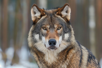 Fototapeta premium Close-up portrait of grey wolf in the snow