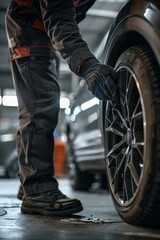 Obraz premium Mechanic inspecting car wheel close-up focus