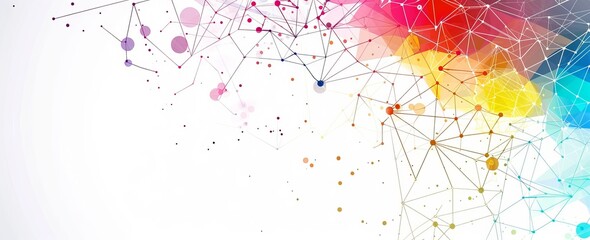 A lively and colorful digital illustration of a network with connecting lines and dots symbolizing technology and connectivity