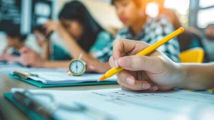 Students in a school, college, or university classroom taking an optical form of standardized exams close to an alarm clock while holding a yellow pen for the final exam