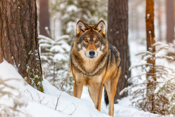 Obraz premium Close-up portrait of grey wolf in the snow