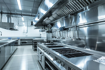 Professional stainless steel kitchen in restaurant. Commercial kitchen equipment and design. Culinary arts and cooking concept for design and print. Interior shot with no people