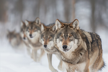 Fototapeta premium Close-up portrait of grey wolf in the snow