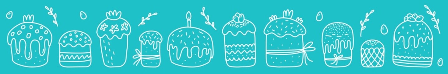 Horizontal illustration of Easter cakes with icing, decorated with confectionery candies, hand-drawn in the style of doodles.