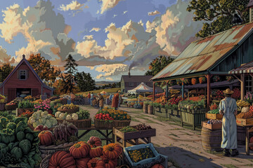 Autumn farm market with people choosing vegetables. Detailed illustration of rural harvest scene. Seasonal produce shopping concept for design and poster. Flat composition - Powered by Adobe