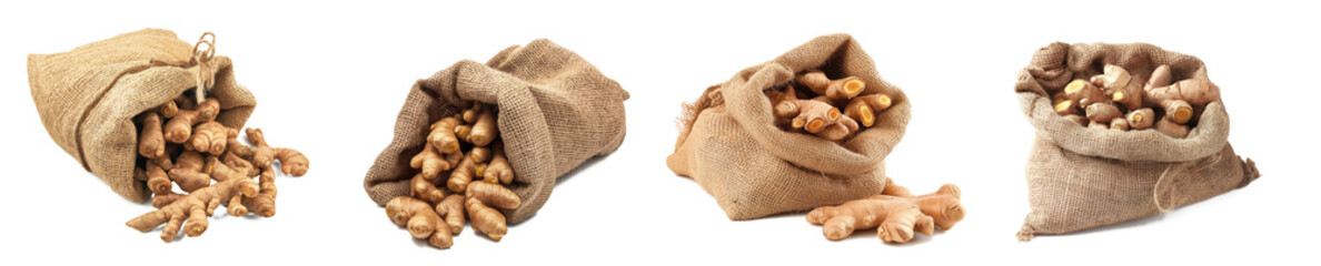 Assorted raw ginger root in burlap bags. Four burlap sacks overflowing with raw ginger roots, isolated on a transparent background, showcasing natural and organic ingredients - Powered by Adobe