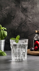 A glass of water with a mint leaf on top