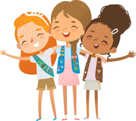 Happy multi ethnic multi aged girls scout hug. Girls Scout happily hug and smile. Junior, Daisy, Brownie ligue. Girls together. Junior Girls Scout Uniform