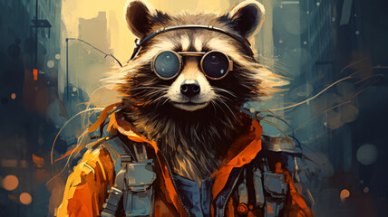 Envision a fashionable raccoon in a denim jacket, accessorized with a beanie hat and a messenger