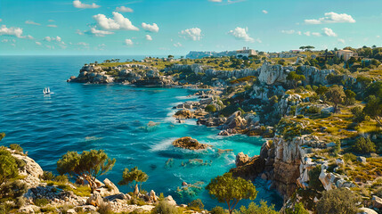 Scenic view of a Mediterranean bay, vibrant blue waters and lush green cliffs under a sunny sky