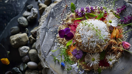 Gourmet dessert decorated with edible flowers and coconut shavings on a stone plate with nature accents. Studio shot of food presentation. Fine dining concept. Design for menu, poster