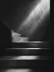 High-contrast black and white photo of a minimalist staircase.