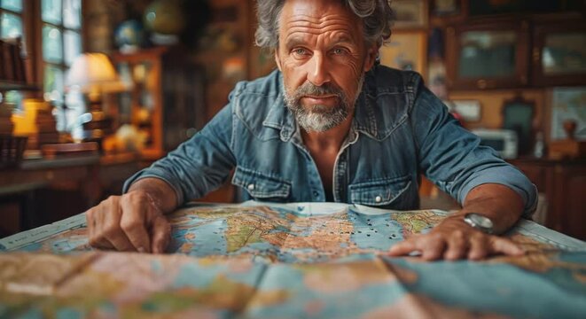Small business owner checking delivery routes on a digital map, meticulous and efficient