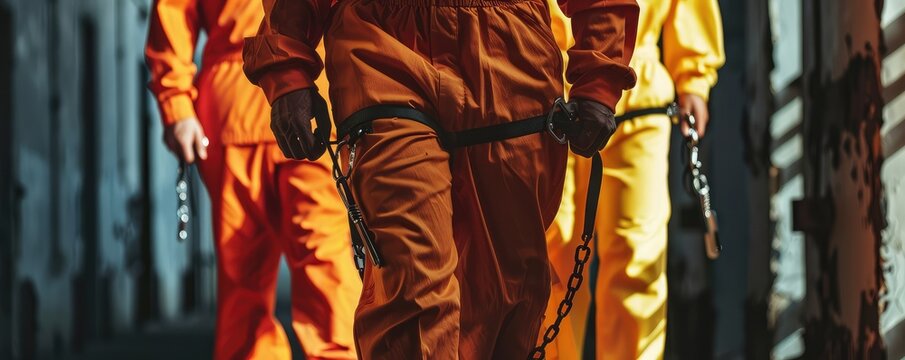 Mans in orange jumpsuits with handcuffs and shackles,