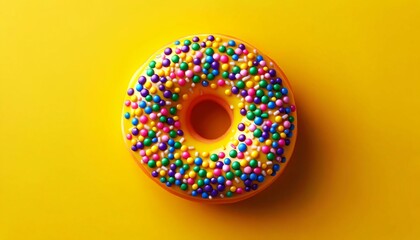 Illustration of glazed donut with colorful sprinkles on vivid yellow background.	