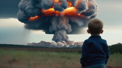 Little boy looking an enormous nuclear explosive mushroom cloud in the sky. Nuclear war. disaster alone