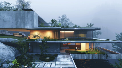 An ultra-modern house design with a monolithic concrete structure, dramatic cantilevered sections,...