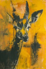 Artistic representation of a deer head with expressive brush strokes on a yellow textured background