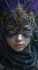 fantasy portrait of woman with golden crown and mask.