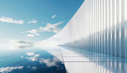 A high contrast photo showcasing modern white architecture with a reflection over a smooth water surface