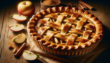 Illustration of homemade apple pie on a wooden background.