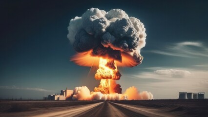 Huge nuclear bomb explosion with a mushroom cloud, weapon of mass destruction. Retro style. The road leading to nuclear war