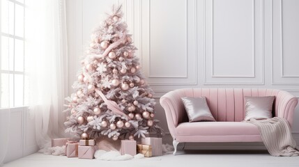 rose pink christmas tree on white background