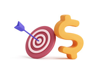 Circle archery target or bullseye and dollar signs white background. Financial of money coins economy investment marketing goals business successful winner commerce. clipping path. 3D Illustration.