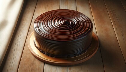 Illustration of chocolate cake on a wooden background.