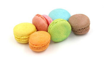 Sweet colorful macarons isolated on white background. Tasty colourful macaroons.