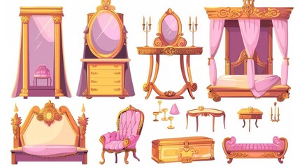 This set of vintage princess room interior features a canopy bed, dressing table, mirror in a gold frame, couch, chest, candles, and flowers.