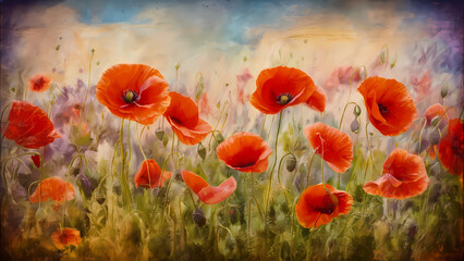 Vintage Poppy flowers field background with copy space area for Memorial Day, Anzac Day, Remembrance Day etc, digital painting.