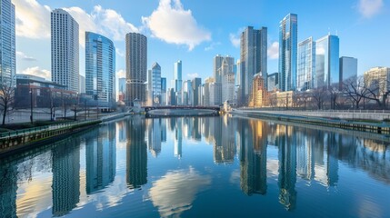 The modern city skyline, with its towering skyscrapers, is perfectly mirrored in the still waters...