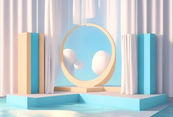 Pedestal, steps and shelf. Stand base mockup. 3d render. Podium steps for brand promotion product. Creative background for advertising presentation