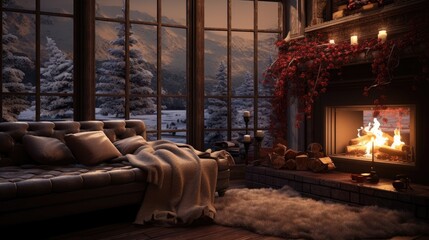 Fireside Bliss: Inside a Rustic Wooden Cabin, Enjoying Snowy Forest Views through the Window