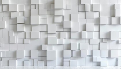 This image showcases a variety of 3D white cubes arranged randomly on a wall creating a modern texture