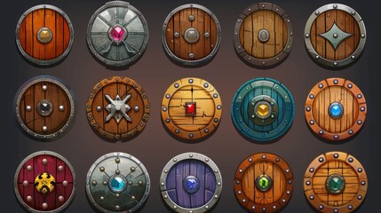 Viking, knight and warrior round shields with steel frames and gems in a fantasy medieval style. Modern cartoon icons set of circle wood shields with steel frames and gems.