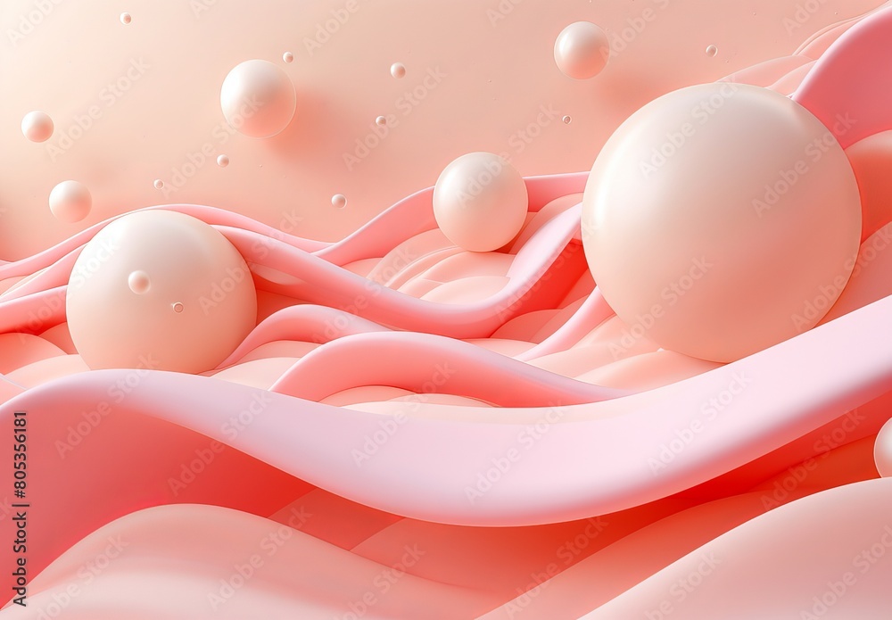 Poster A 3D illustration of soft pink waves and glossy spheres, creating a serene and artistic design