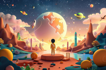 Delight in the playful charm of a space-themed children's illustration, showcasing colorful planets and stars designed to inspire young minds in astronomy and science.