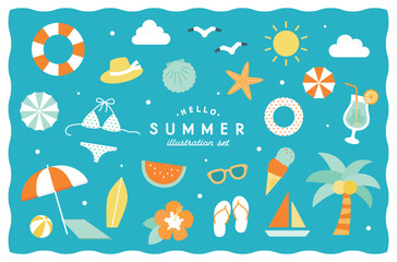 夏のアイテムのイラストセット　海　夏休み　ビーチ　シンプル　かわいい　南国　リゾート　旅行　バカンス