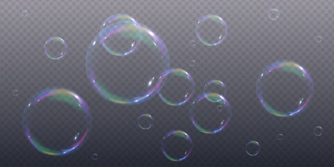 Realistic 3d soap bubbles with rainbow reflection. Bubbles are located on a transparent background. Vector flying soap bubble. Bubble Transparent realistic Water glass bubble