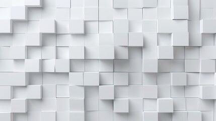 A 3D rendering of an abstract pattern with various levels of white square blocks, creating a dynamic texture