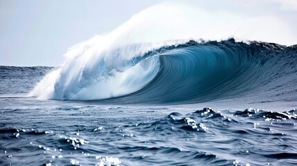 A powerful, majestic wave curls with spray in the deep blue ocean, showcasing nature's strength and beauty