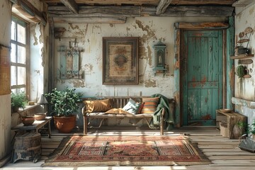 Obraz premium An inviting rustic interior of a living room with vintage furniture, plants, and a welcoming feel, perfect for a cozy lifestyle