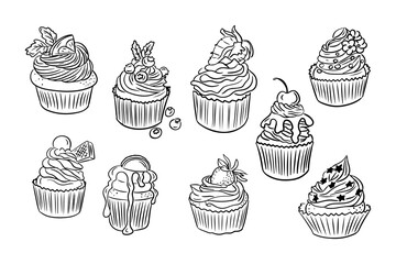 Set of sweet doodle cupcakes for birthday or or other celebration. Collection of sketchy contour drawings isolated on white background. Monochrome black outline stickers