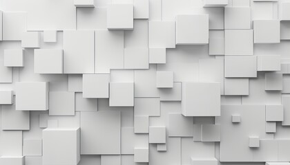 An organized chaos of white 3D blocks casting shadows on a gray backdrop, imparting a structured yet dynamic feel