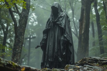 An enigmatic cloaked figure stands ominously in a misty forest setting, evoking a sense of mystery and suspense The dark tones add to the moody atmosphere