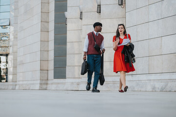 Two businesspeople having a work meeting outside surrounded by city architecture, indicating a remote working environment.